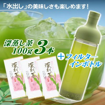 ふるさと納税 牧之原市 カンタンに本格水出し緑茶♪ 静岡県牧之原産深蒸し茶100g×3袋とフィルターインボトルセット