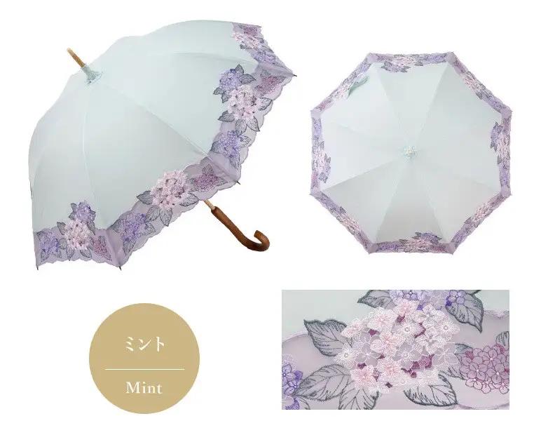 【シノワズリーモダン京都】女優日傘プレミアム 紫陽花オーガンジー刺繍 かわず張り長日傘 ミント