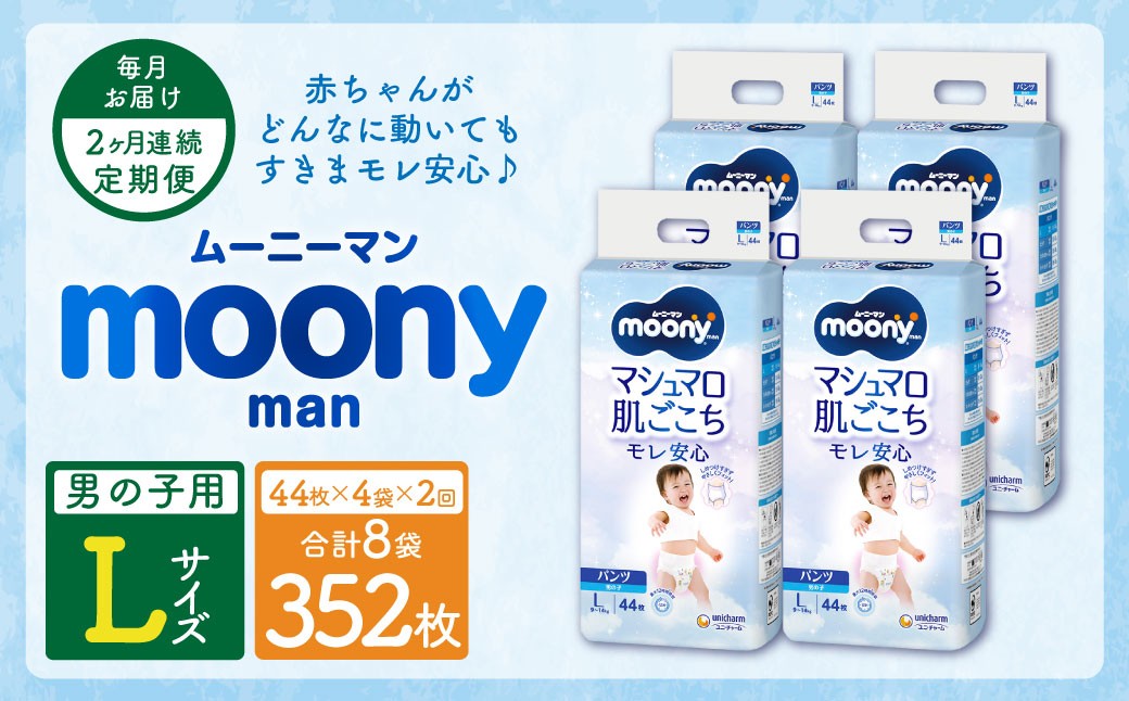 
                  【2ヶ月連続定期便】ムーニーマン 男の子用 Lサイズ 44枚×4袋 パンツタイプ 体重9～14kg 子供用 ユニ・チャーム 紙オムツ ハイウエスト 最大12時間吸収 赤ちゃん ベビー用品 
                