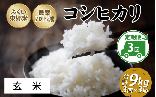 【定期便3ヶ月連続】令和8年産 新米 ふくい東郷米 特別栽培米　農薬70％減コシヒカリ 3kg×3ヶ月 合計9kg【玄米】[B-020020_02]