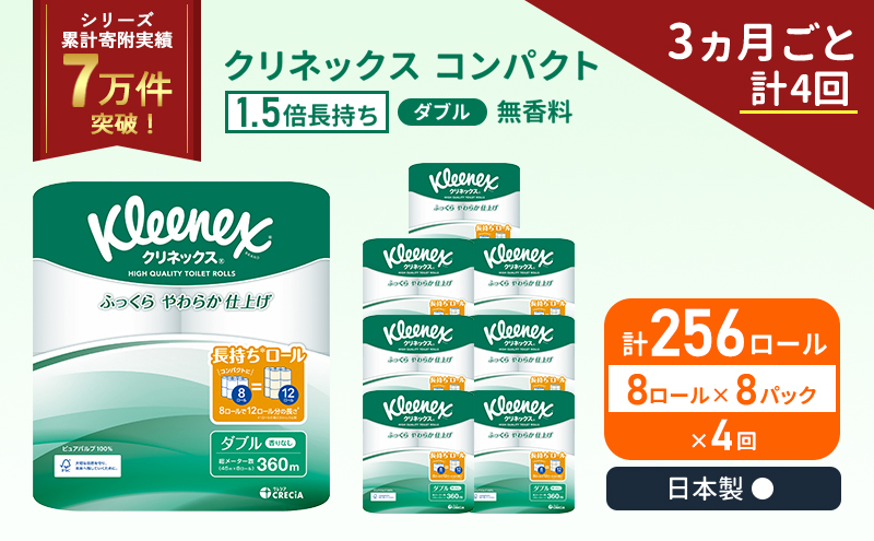 クリネックス コンパクト 無香料 ダブル 1.5 倍巻き 1ケース (8ロール入×8パック) 定期便 トイレットペーパー トイレット