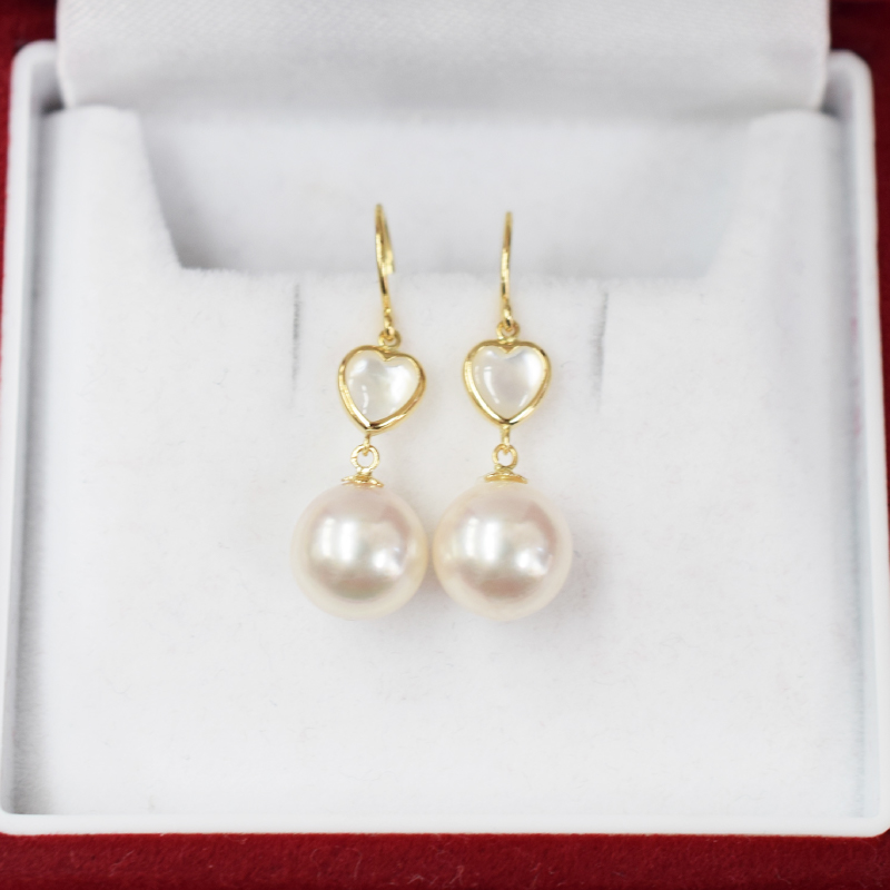 S101-423_あこや真珠 天草 ピアス シェル 8mm - 8.5mm ハート ホワイトピンク K18 K14 YG WG