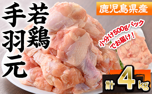 ＜選べる内容量＞鹿児島県産若鶏手羽元(計4kg・500g×8P)【株式会社羽根】A580