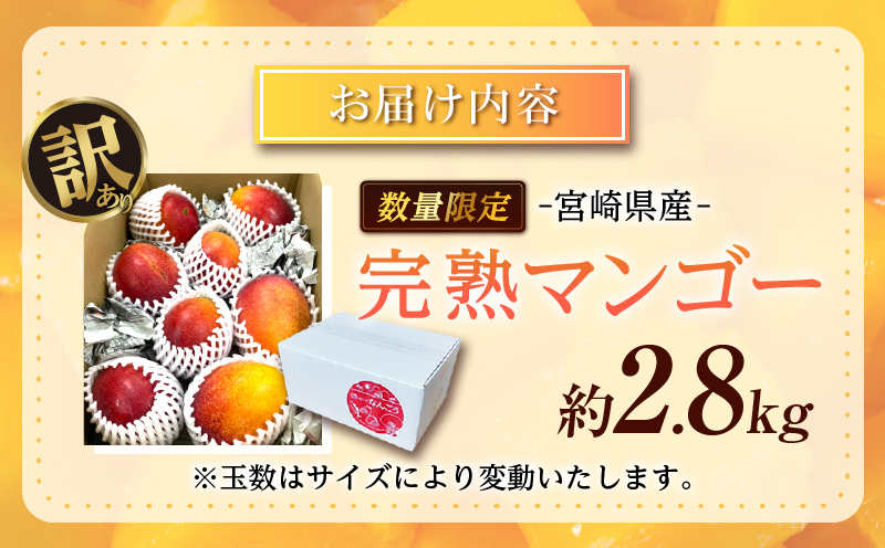訳あり 宮崎県産 完熟マンゴー 約2.8kg 期間限定 数量限定 フルーツ 果物 くだもの 国産 食品 デザート おやつ フルーツサンド おすすめ ご褒美 贅沢 産地直送 傷 規格外 訳アリ おすそ分