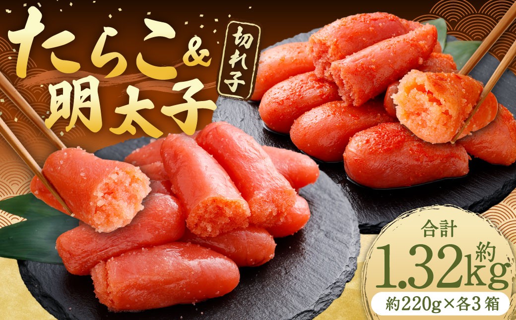 
                  たらこ ＆ 明太子 （ 切れ子 ） 合計約1320g （ 約220g × 各3箱 ） めんたいこ タラコ 海鮮 卵 魚介類 魚介 冷凍 スケソウダラ すけとうだら 魚卵 食品 小分け ご飯のお供 おつまみ セット 詰め合わせ 食べ比べ
                