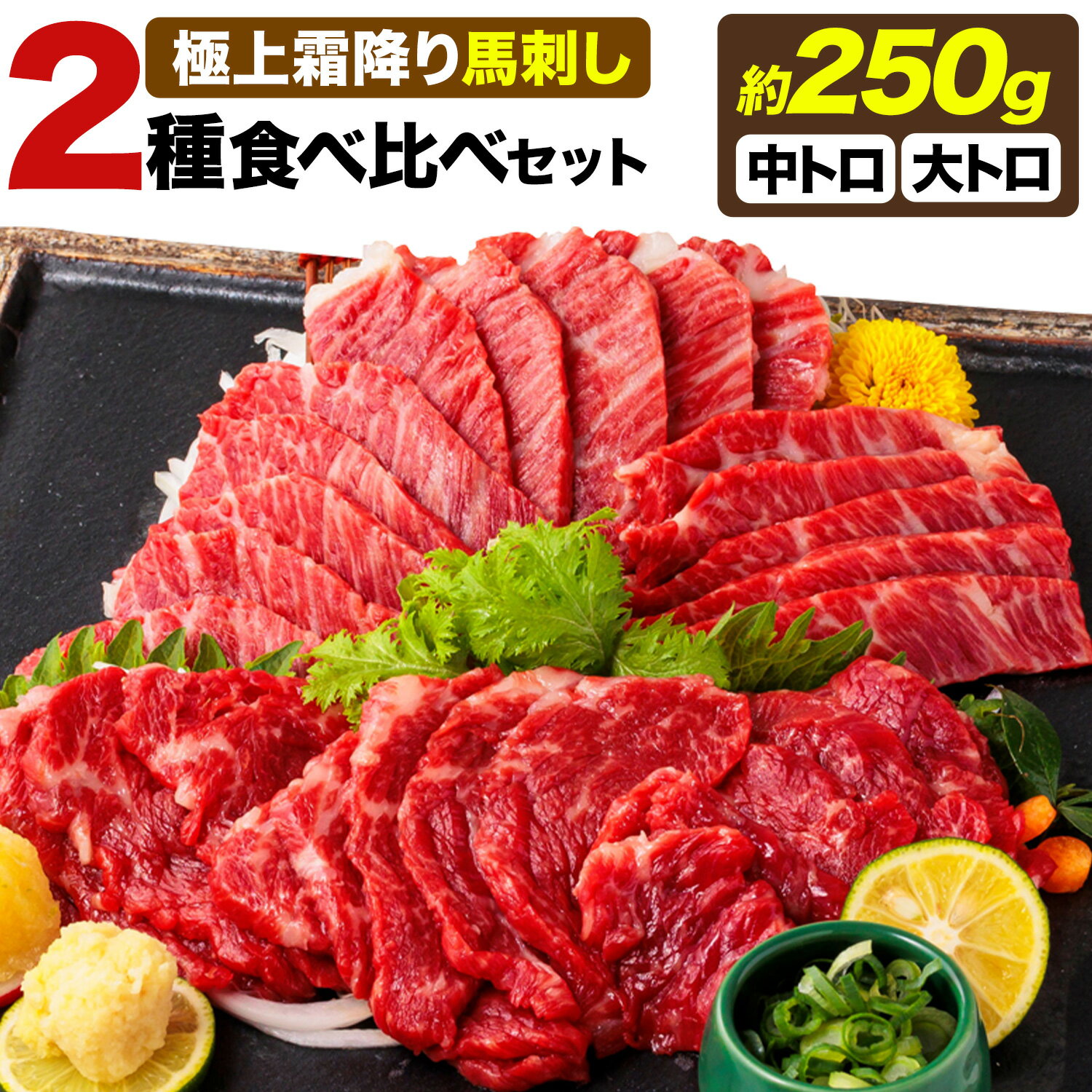 【ふるさと納税】馬刺し 極上 霜降り 2種 食べ比べ セット 株式会社利他フーズ《60日以内に出荷予定(土日祝除く)》 中トロ 大トロ 国産 冷凍 生食用 肉 馬肉 ふるさと納税馬刺し 熊本県 津奈木町 送料無料 馬刺 ばさし 名物