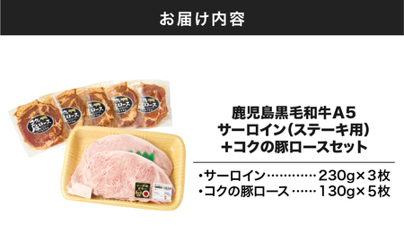 1422 鹿児島 黒毛和牛 A5 サーロイン（ ステーキ用 ）690g ＋ 絶品『 コク の 豚ロース 』650g（ 130g × 5枚 ）セット KN036-006 肉 牛肉 冷凍