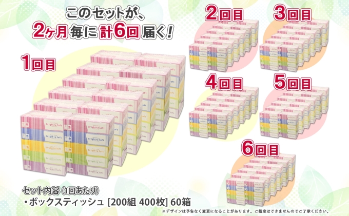 定期便 2ヵ月毎 全6回 ブライティア ソフト ボックスティッシュ 200組 400枚 60箱 日本製 まとめ買い リサイクル 長持 防災 常備品 日用雑貨 消耗品 生活必需品 備蓄 ペーパー 紙 北