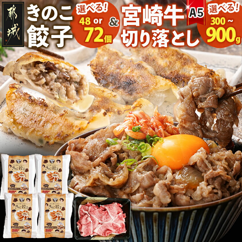 【ふるさと納税】【内容量が選べる！】きのこ餃子＆宮崎牛(A5)霜降り切り落とし - きのこ餃子 都城産椎茸/きくらげ/豚肉使用 霜降り切り落とし 都城産宮崎牛 きのこ餃子48個/72個 切り落とし300g/600g/900g 送料無料 SKU-8703 【宮崎県都城市は2年連続ふるさと納税日本一！】