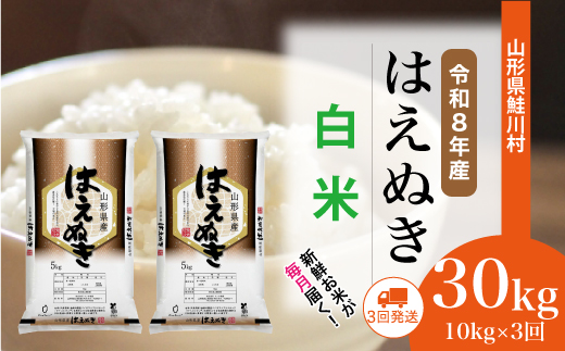 ＜令和8年産米＞ 鮭川村 はえぬき 【白米】 定期便 30kg （10kg×1ヶ月間隔で3回お届け）＜配送時期選べます＞