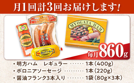 【3回定期便】明方ハム詰め合わせ Ａセット / 明方 ハム 厚切り ボロニアソーセージ ハムステーキ 朝食 フランクフルト ウインナー BBQ ソーセージ フランク 箱入り ギフト / 御嵩町 / め