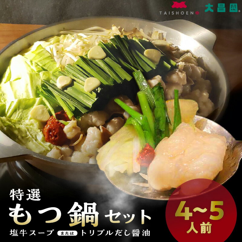 【ふるさと納税】大昌園 特選 もつ鍋 セット スープ 選べる 2種 塩牛スープ トリプル だし醤油 4 〜 5人前 特製 辛味 調味料付き 牛もつ 九州産 和牛 小腸 急速冷凍 クセになる 脂の旨味 ちゃんぽん麺 お取り寄せ お取り寄せグルメ 福岡県 久留米市 送料無料