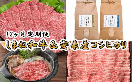 【定期便】しまね和牛&安来市産コシヒカリ12ヵ月便 ／ 新米 カルビ 肩バラ モモ 焼肉 すき焼き しゃぶしゃぶ お米 おいしい ご当地