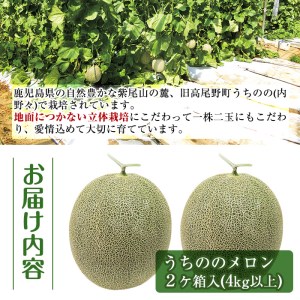 i339 ＜2025年5月下旬～7月下旬の間に発送予定＞うちののメロン(2玉・計4kg以上)とろけるような厚みのある果肉、果汁たっぷりのあまいメロン♪   メロン 果物 くだもの フルーツ 4kg以上