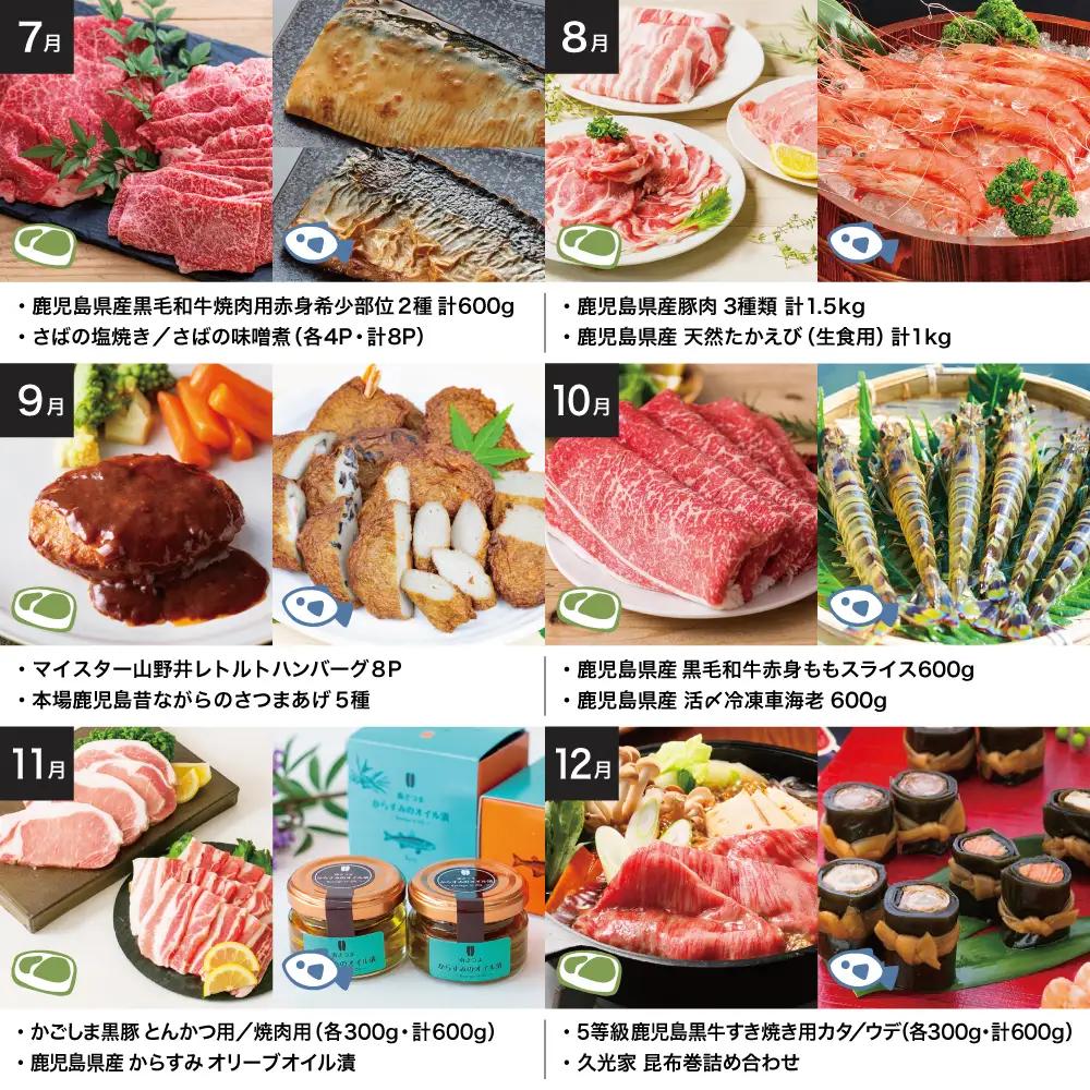 【定期便】海幸山幸 エクストラ厳選 定期便（全12回） お肉 お魚 豚肉 牛肉 黒豚 鹿児島黒牛 すき焼き サーロイン ステーキ しゃぶしゃぶ 角煮 鰻 蒲焼 刺身用 たかえび 薩摩甘えび 海老 マグ