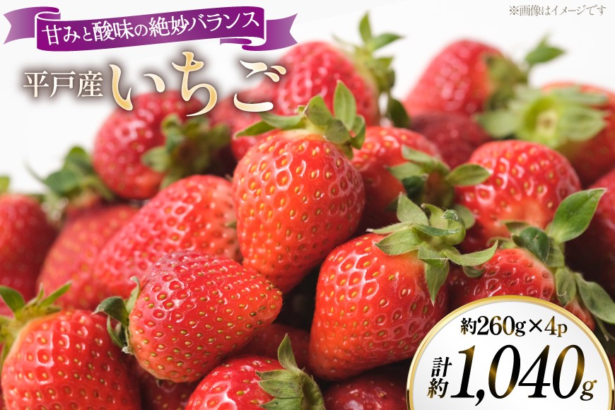 
                  平戸産 いちご フルーツ 約260g 4パック 計約1040g [平戸瀬戸市場 長崎県 平戸市 hr42bgy420523] イチゴ 苺 果物 くだもの 国産 長崎 甘い 酸味 バランス ジューシー 果肉 新鮮 旬 お取り寄せ 家庭用 贈答 プレゼント 冷蔵
                