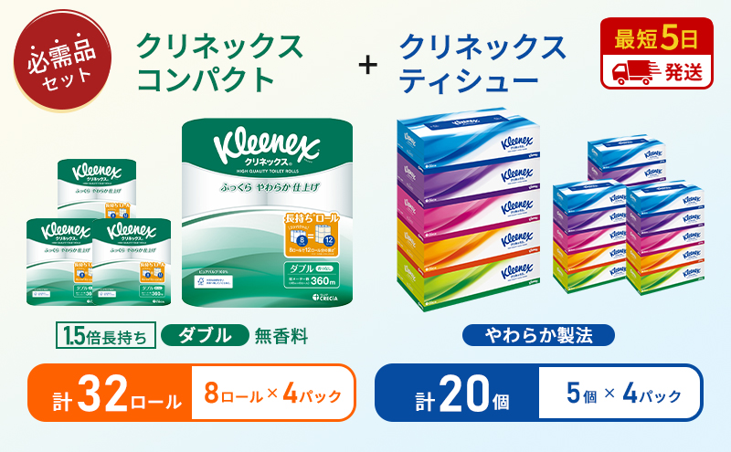 【岩沼市オリジナル】ティッシュ クリネックス ティシュー 5箱入×4パック トイレットペーパー ダブル 1.5 倍巻き 8ロール入×4パック クリネックス コンパクト 無香料 長持ち 防災 災害 日用品 生活用品 生活必需品