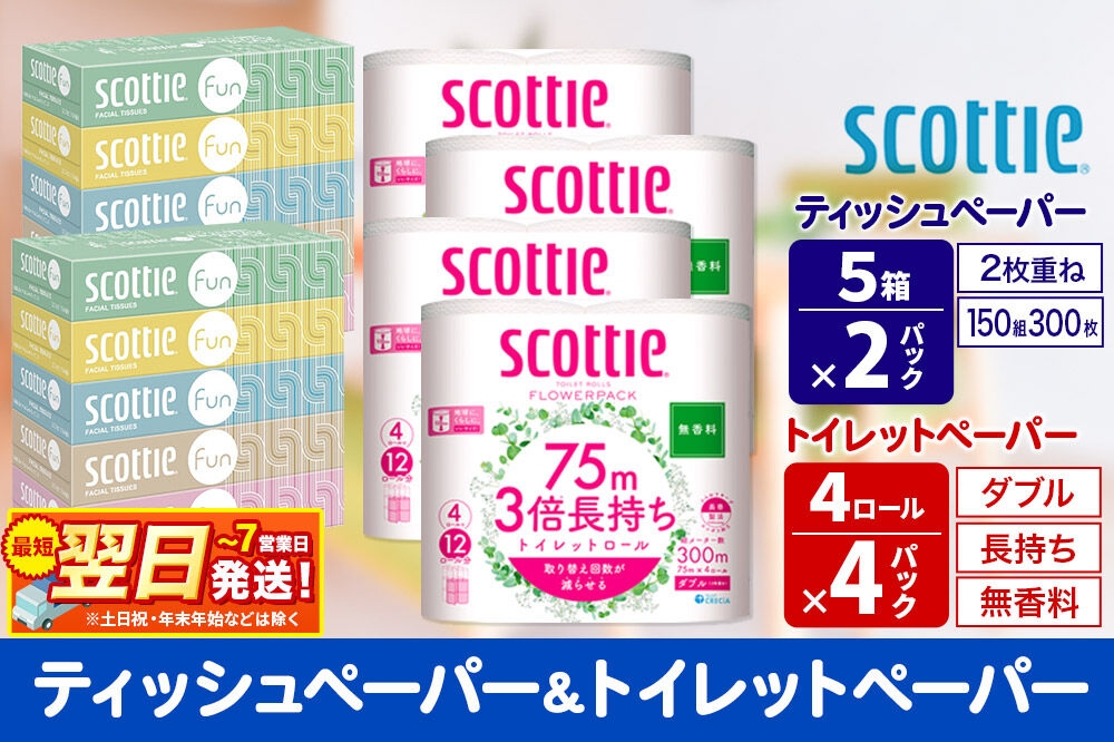 
                  ティッシュペーパー スコッティ ファン 150組 5箱×2パック ＆ スコッティトイレットペーパー ダブル 無香料 3倍長持ち4ロール×4パック 秋田市オリジナル 最短翌日発送 [スコッティ フラワーパック トイレットペーパー 日本製紙クレシア ティッシュ スコッティ(SCOTTIE) スコッティティシュー 新生活]
                