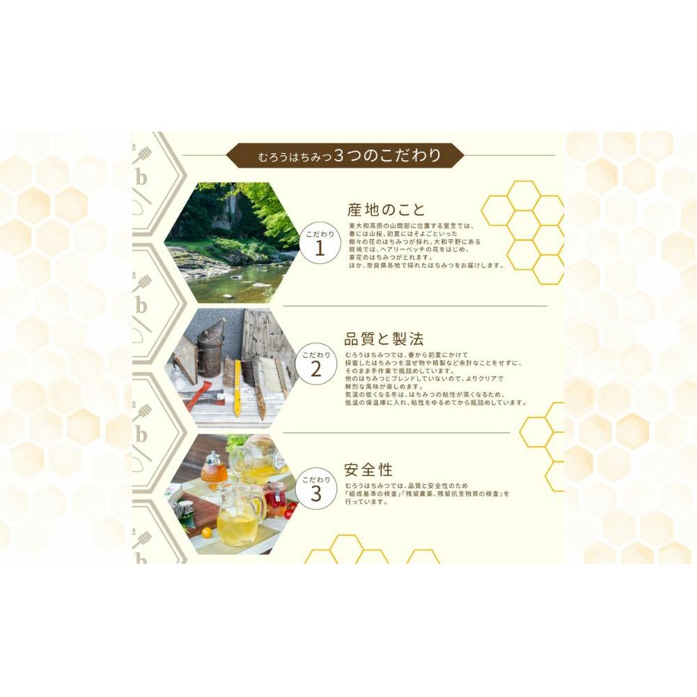 奈良産純粋はちみつ300g×3個(900g)／ むろうはちみつ 66832 室生 国産 蜂蜜 ハニー ギフト お取り寄せ ふくさきわう 奈良県 宇陀市 ふるさと納税_イメージ5