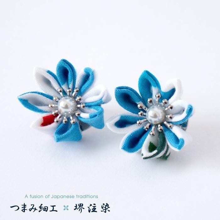【ふるさと納税】花舞うイヤリング「つまみ細工×堺注染」（青）