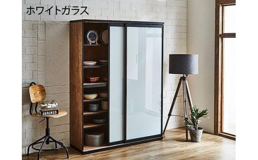 
            【開梱設置】引き戸 食器棚 ダイニングボード ポエム 幅133.5 （ホワイトガラス／レディオーク）キッチン収納 大川家具 家具
          