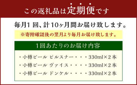 【10回定期便】 小樽ビール 6本セット（ ピルスナー ・ ヴァイス ・ ドンケル 各2本）×10回 計60本 ビール ドイツビール クラフトビール お酒 3種 詰め合わせ 飲み比べ セット 常温