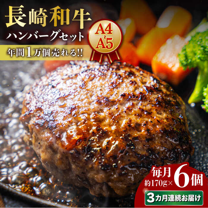 【ふるさと納税】【3回定期便】【年間1万個売れる！】A4-A5 長崎和牛 ハンバーグセット 約170g×6個 長与町/meat shop FUKU[ECS006] 定期便 ていきびん ハンバーグ はんばーぐ 国産 長崎 和牛 肉 100% ソース付き 冷凍 個包装 人気 柔らか ふっくら お祝い 贈答品