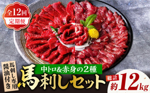 【12回定期便】赤身 & 霜降りの「2種食べ比べセット 」 馬刺し 赤身 約50g×10パック 中トロ 約50g×10パック 専用醤油付き 国産 馬刺し赤身 国内肥育 霜降り中トロ 約1キロ たっぷり 熊本 ばさし バサシ 冷凍 パック 小分け 【株式会社  利他フーズ】[ZBK024]
