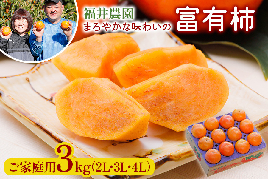 
            《柿の王様》【先行予約】令和7年産 福井農園の富有柿 ご家庭用 3kg (10～12個入) 2L、3L、4Lサイズ  [11月上旬～12月上旬に発送予定] 有機質の多い独自肥料で栽培、まろやかな味わいの富有柿 [mt238]  
          