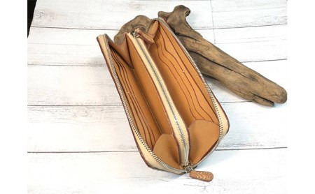木目調の漉き模様革フルラウンドファスナー財布（ナチュラル） ファッション小物 長財布 牛 革製品 