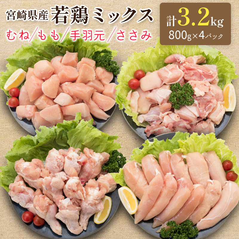 小分けで便利！宮崎県産 若鶏お楽しみセット 合計3.2kg（むね・もも・手羽元・ささみ 各800g） 個別凍結 IQF凍結加工【A227】