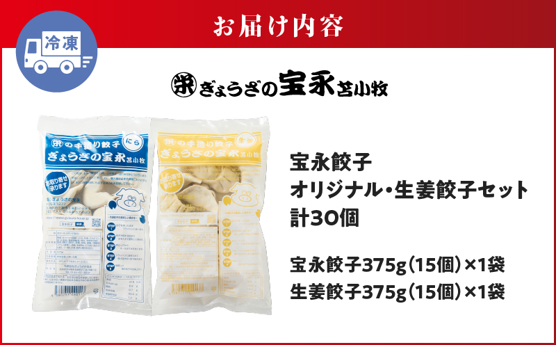 手包み餃子 ぎょうざの宝永 生姜餃子30個セット（宝永餃子15個入×1袋・生姜餃子15個入×1袋）　T004-005-01