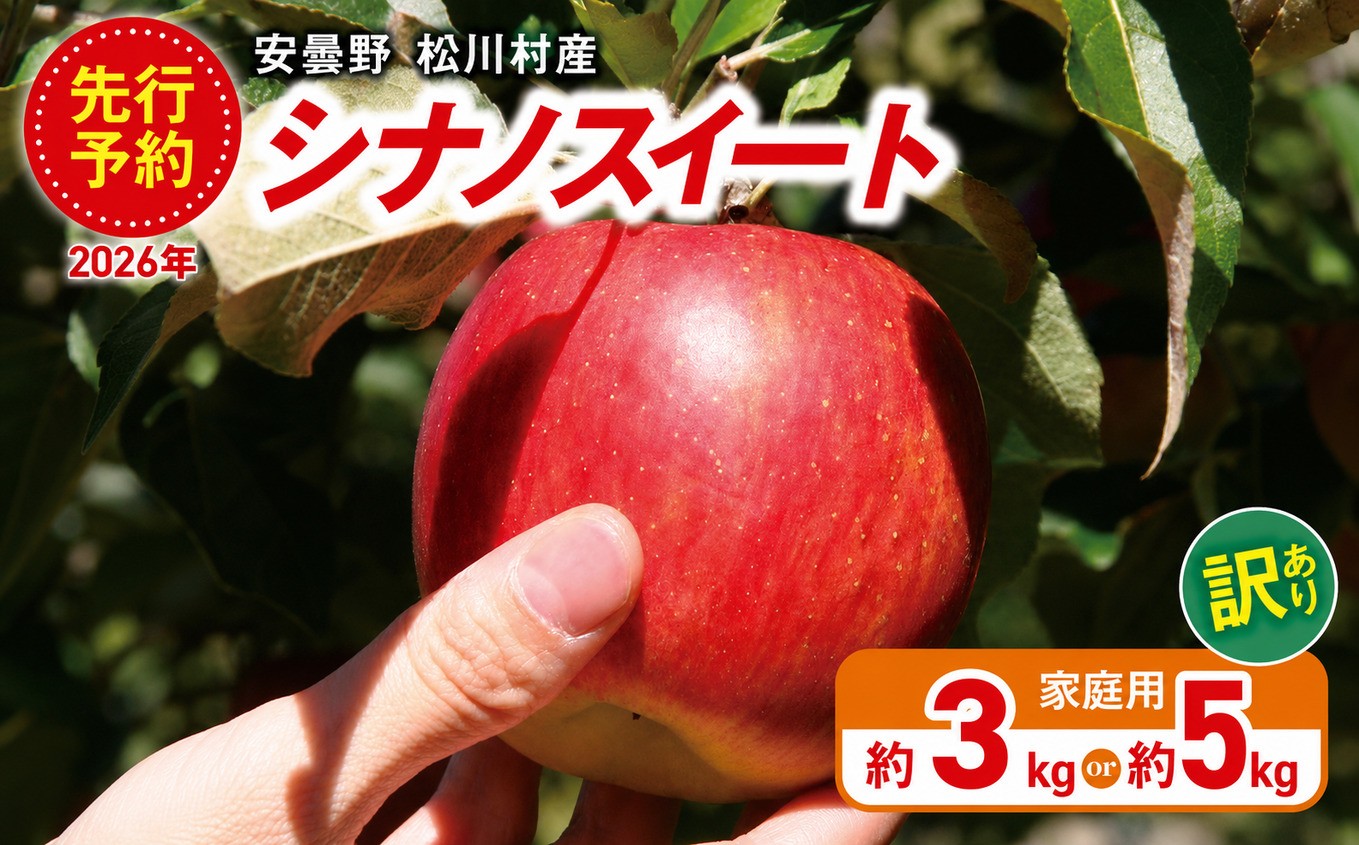 
                  【2026年先行予約】訳あり 家庭用 シナノスイート 選べる内容量 約3kg ・ 約5kg ｜ 山とりんご リンゴ りんご 林檎 果物 フルーツ 果実 果汁 シナノスイート しなのすいーと 家庭用 長野県 松川村 北アルプス 信州
                