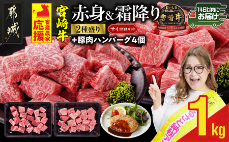 畜産農家応援! 宮崎牛サイコロステーキ2種セット500g×2パック+豚肉ハンバーグ&ウィンナー≪みやこんじょ快速便≫_17-N204-R-ESHW-CF_(都城市) 牛肉 黒毛和牛 赤身 霜降り 肩ロース ウデモモ 1kg ミヤチク ギフト 贈答用