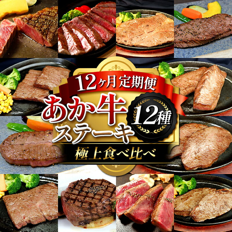 【ふるさと納税】【12ヶ月定期便】あか牛ステーキ12種 極上食べ比べ 牛肉 あか牛 ステーキ 食べ比べ 冷凍 九州 熊本県 熊本 嘉島 定期便 FK7-0263