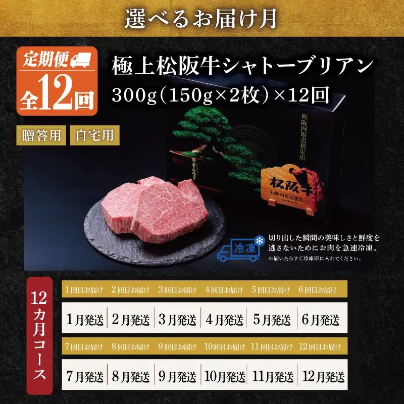 【定期便】松阪牛 極上 シャトーブリアン(150g×2枚) 12か月コース US45