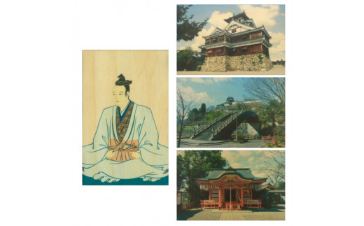 木製ポストカード(4枚セット)　明智光秀 ふるさと納税 表札 木製 木彫り 高彫り 木工  木製品 オーダーメイド 京都府 福知山市