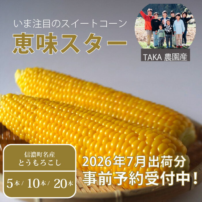 【ふるさと納税】TAKA農園『恵味（めぐみ）スター』2Lサイズ（1本450g相当）5本セット/10本セット/ 20本セット2026年夏出荷分の予約受付開始！ ｜長野県信濃町名産とうもろこし／スイートコーンの人気品種を早期予約受付中！ 令和8年7月15～25日の限定出荷予定