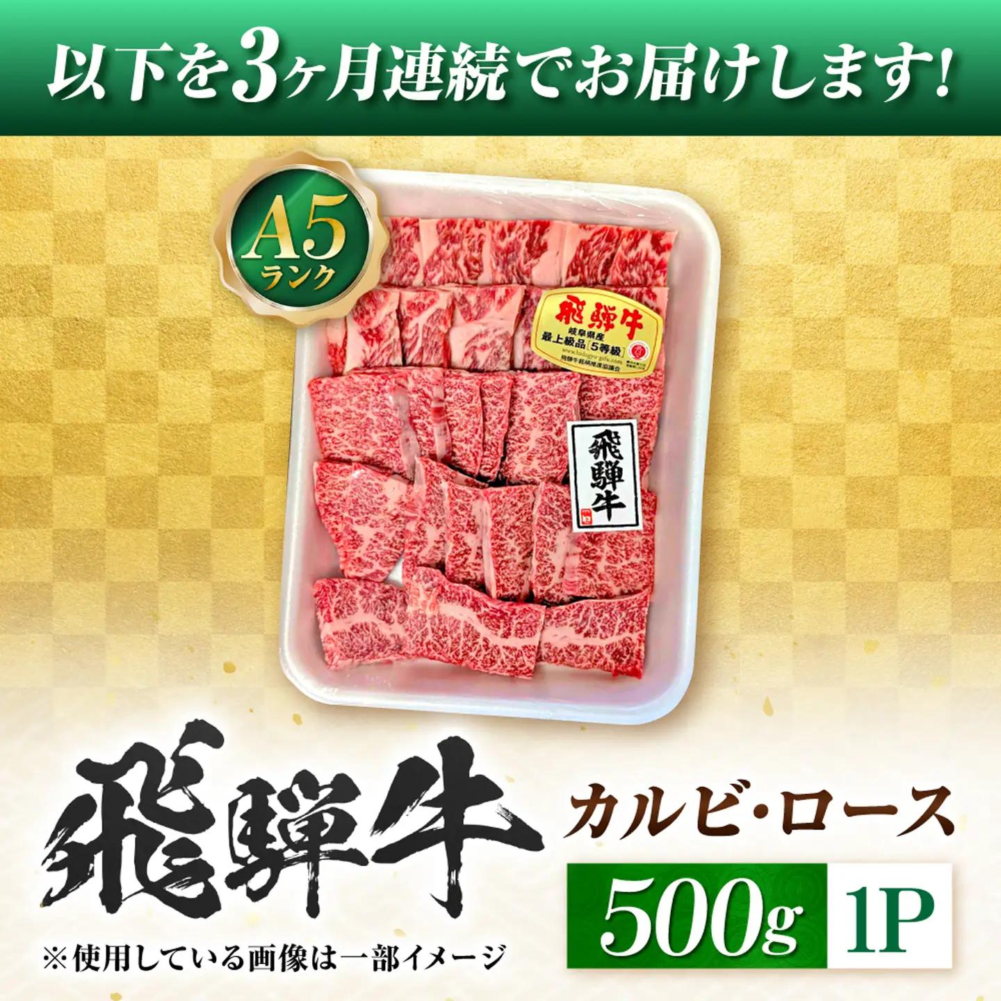 【3回定期便】飛騨牛 A5等級 焼肉用 カルビ・ロース 500g 牛肉 肉 お肉 焼き肉 BBQ 岐阜市 / 肉の松久[ANIP033]