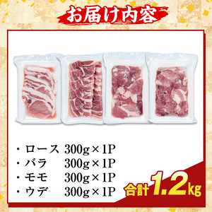 K-370-A かごしま味わい黒豚 焼肉ファミリーパック(合計1.2kg)【ふるさと産直バザール】霧島市 ロース バラ モモ ウデ 焼き肉 ヤキニク 豚肉 国産 鹿児島県産 肉 精肉 小分け セット 