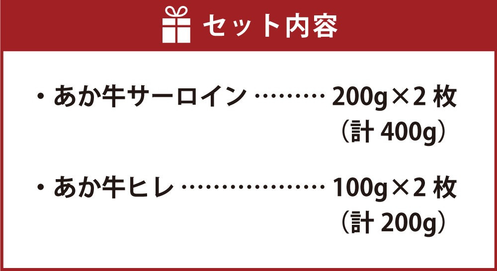 あか牛 サーロイン・ヒレステーキ 600g サーロイン 200g×2枚 ヒレ 100g×2枚	