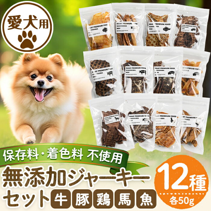 【ふるさと納税】＜保存料・着色料 不使用＞愛犬用無添加ジャーキーセット12種(各50g・合計600g)牛肉、豚肉、鶏肉、馬肉、魚肉のジャーキー！ 動物 犬 ドッグ ペット フード 餌 エサ おやつ 乾物 ごはん ご飯 間食 ご褒美 ペット関係【Nフードサービス】