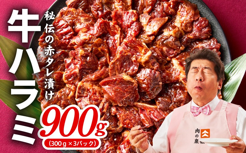 010B1801 【TVで紹介！】牛ハラミ肉 900g 秘伝の赤タレ漬け【小分け 300g×3P 牛肉 焼肉用 焼くだけ 小分け BBQ やきにく】