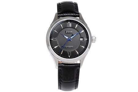 JIOS SEIRAN 日本製 自動巻き腕時計 メンズ 男性用 革ベルト ブランド ドレスウォッチ ジオス 黒文字盤 × 青針 クロコ型押しベルト（黒）