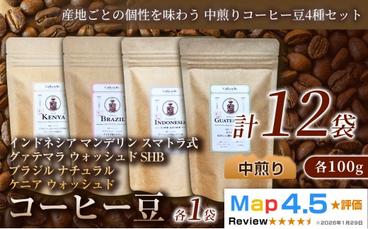 【産地ごとの個性を味わう 中煎りコーヒー豆4種セット】(計100g×4袋)×3セット コーヒー豆 エチオピア ジャマイカ ブラジル ナチュラル製法 コーヒー豆 コーヒー 焙煎 中深煎り 飲みやすい ご褒美 来客用 お取り寄せ ギフト 敬老の日 贈答 贈り物