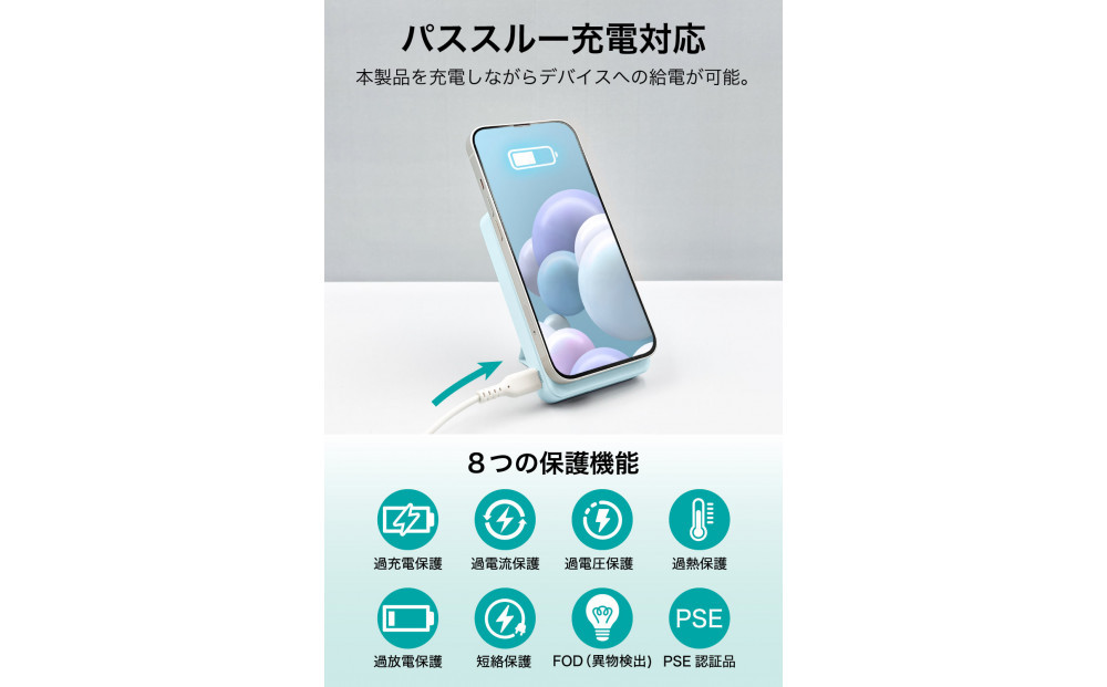 急速充電対応モバイルバッテリー 10000mAh MagSafe対応 ワイヤレス充電器【ピクニックグリーン】