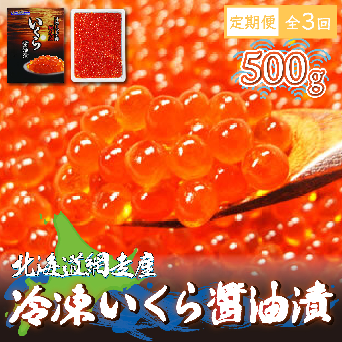【定期便】全3回（毎月）＜網走産＞冷凍いくら醤油漬 500g ABE015