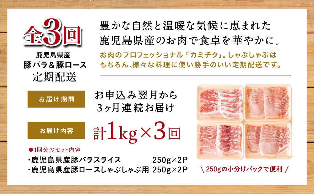 【定期便 全3回】カミチクのしゃぶしゃぶ用 豚肉 2種類 計1kg×3回 ～鹿児島県産 ロース ＆ バラ 合計3kg 豚肉 ローススライス バラスライス 豚バラ しゃぶしゃぶ グルメ 小分け 冷凍 カミチク 南さつま市