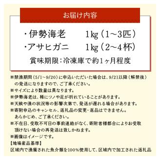 沖永良部島直送！素潜り漁師オススメの伊勢海老1キロ（1～3匹）とアサヒガニ1キロ（2～4杯）　合計2キロセット！！