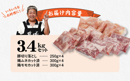 使いやすさ抜群!宮崎県産鶏肉(カット済)&豚肉切り落とし3.4kgセット_MJ-8427_(都城市) 宮崎県産鶏 モモ肉 ムネ肉 カット済 一口大 唐揚げ チキン南蛮 親子丼 宮崎県産豚 切り落とし 